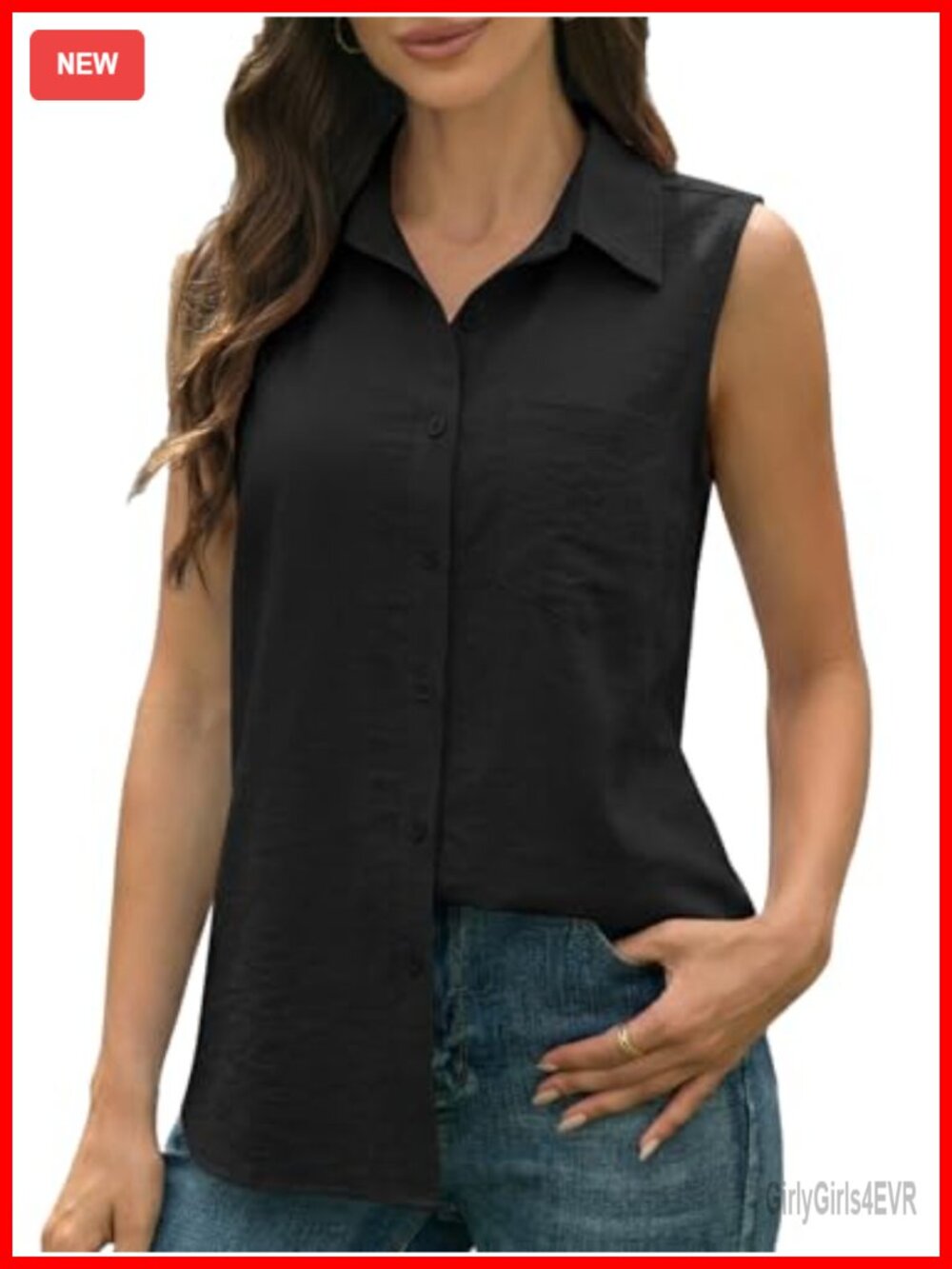 Womens Sleeveless Button Down Collared Blouse Work Top